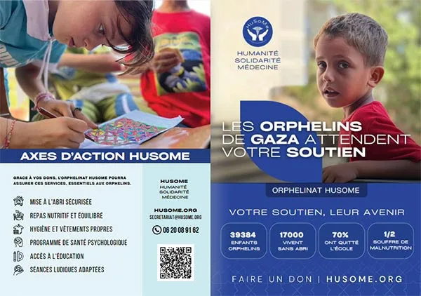 Brochure soutien aux orphelins de Gaza, orphelinat HUSOME.