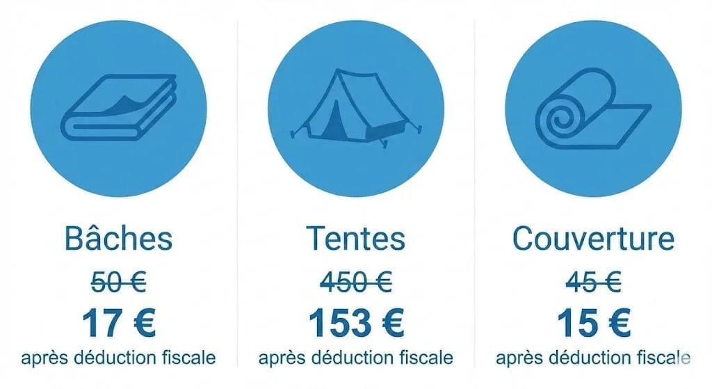 Promotion sur bâches, tentes, couvertures après déductions fiscales.