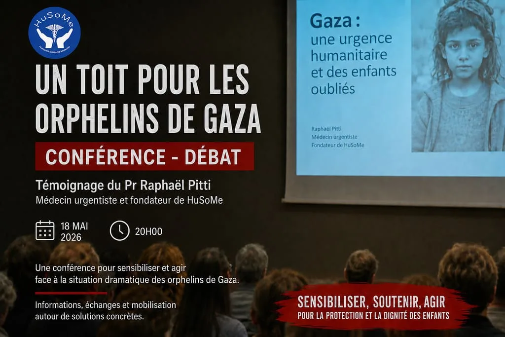 Conference poster about Gaza orphans humanitarian emergency