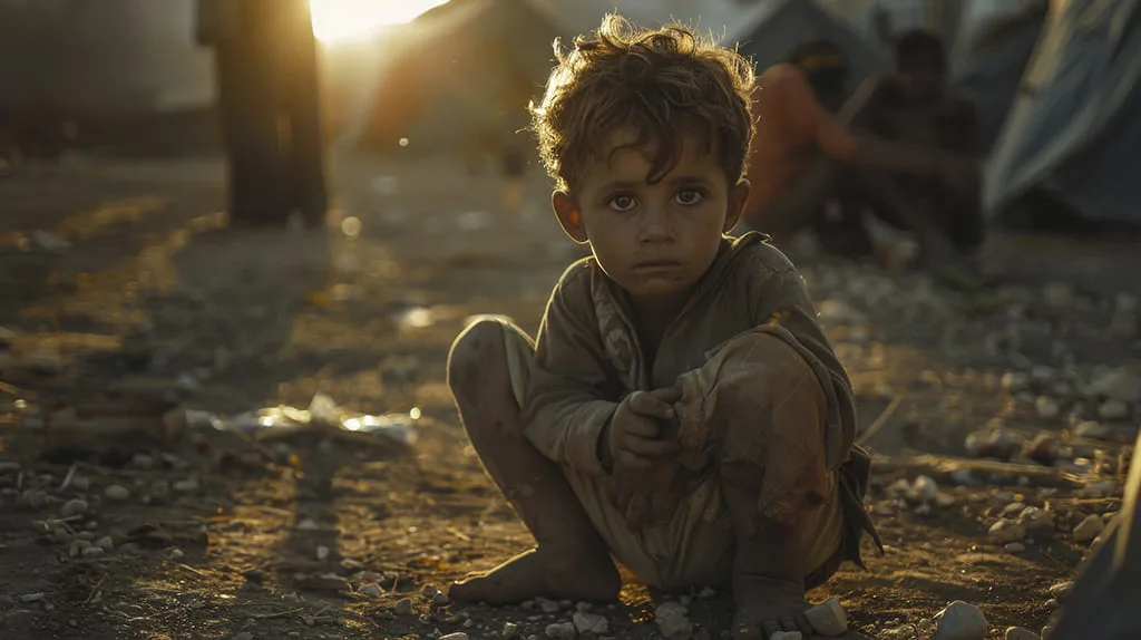 Enfant assis, environnement précaire, coucher de soleil.