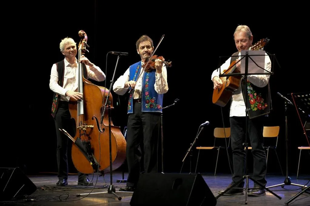 Groupe jouant violon, guitare et contrebasse sur scène.