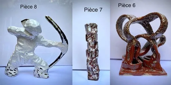 Trois sculptures modernes numérotées 6, 7 et 8.