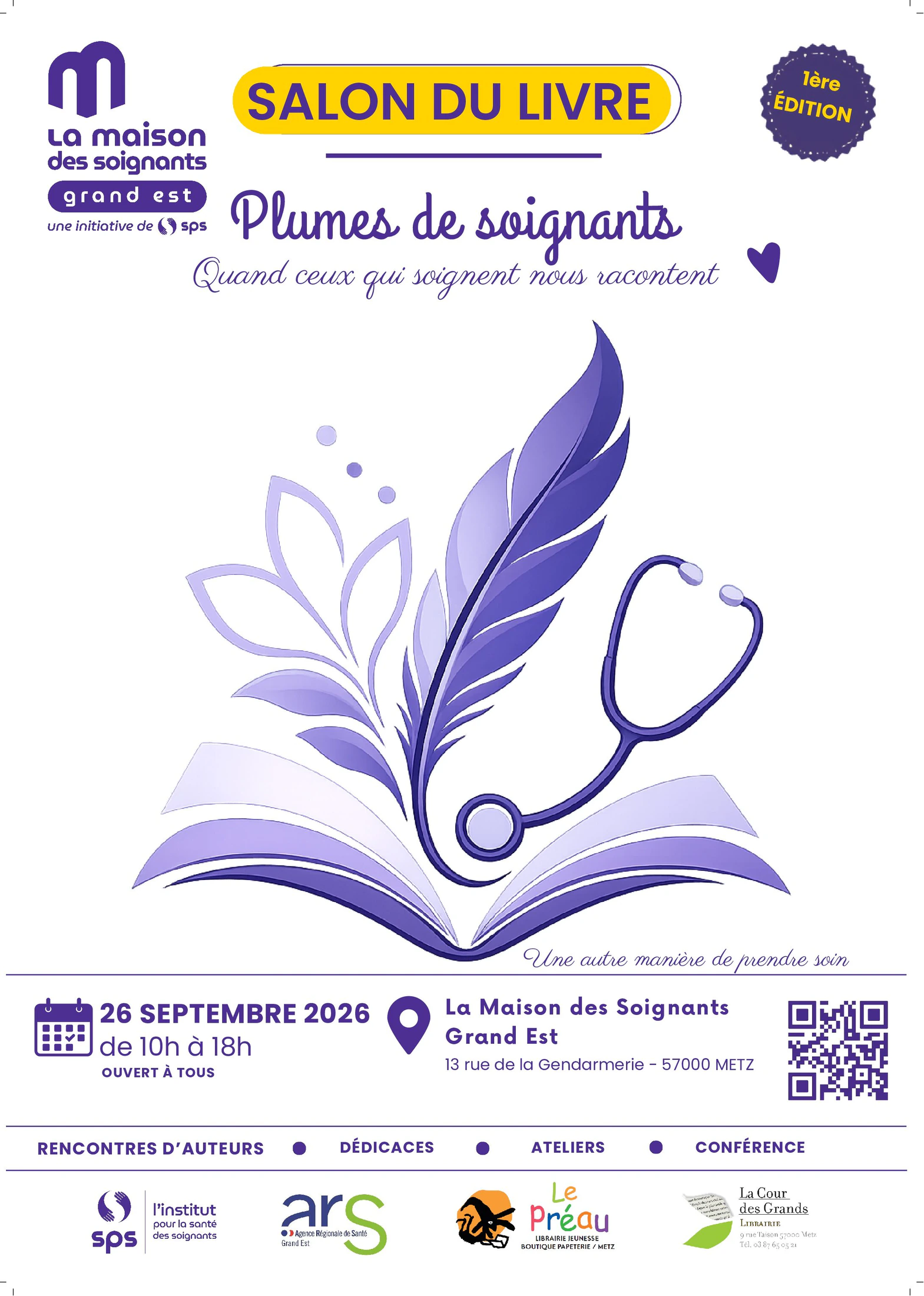 Affiche du salon du livre « Plumes de soignants », le 26 septembre 2026 à la Maison des Soignants Grand Est, à Metz.
